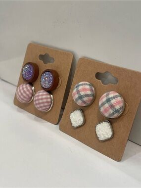 4 Pairs Vintage Plaid and Druzy Glitter Stud Earrings Handmade New